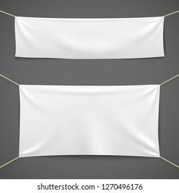 White textile banners. Blank fabric flag hanging canvas sale ribbon horizontal template advertising cloth vector banner set