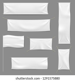 White Textile Banners. Blank Fabric Flag Hanging Canvas Sale Ribbon Horizontal White Textile Banntemplate Advertising Cloth Vector Banner Set