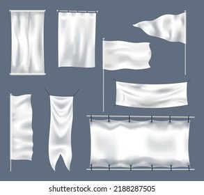 White textile banners and flags with folds template set. Canvas blank mockup, advertising empty backgrounds. Fabric signboards for advertise. Canvas hanging on rope. White waving fabric signs