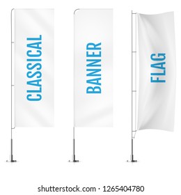 White textile classical banner flags. Banner flag mockups set. Set of vector advertising mockups.
