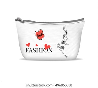 White textile cosmetic bag with print - Fashion girl in sketch-style.
