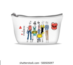 White textile cosmetic bag with print - Fashion girl in sketch-style.