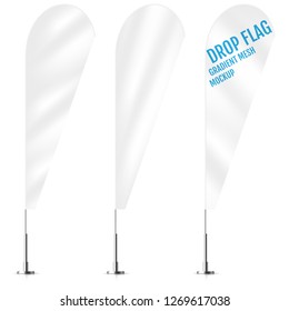 White textile drop banner flags. Banner flag mockups set. Drop concept.  Set of vector advertising mockups.