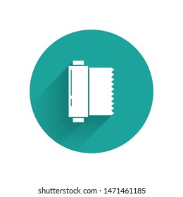 White Textile fabric roll icon isolated with long shadow. Roll, mat, rug, cloth, carpet or paper roll icon. Green circle button. Vector Illustration