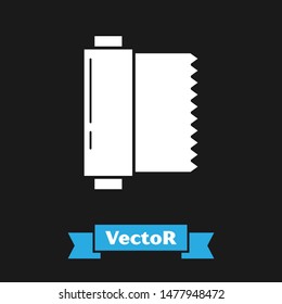 White Textile fabric roll icon isolated on black background. Roll, mat, rug, cloth, carpet or paper roll icon.  Vector Illustration
