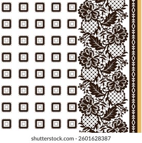 White textile featuring a grid of small squares and a floral lace border, for textile, wallpaper, gift wrapping.