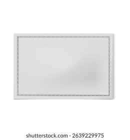 White textile rectangle sewn on label. Fabric tag for textile. Vector realistic mockup of blank cloth label with stitches, cotton badge. Woven fashion sticker for size, material, wash information