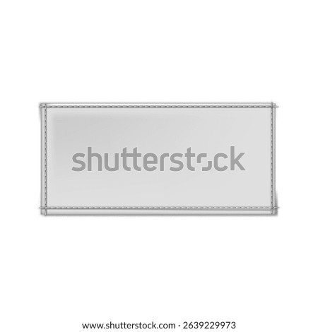 White textile rectangle sewn on label. Vector realistic fabric tag mockup. Cloth label blank with stitches, cotton badge. Woven fashion sticker for size, material, wash information