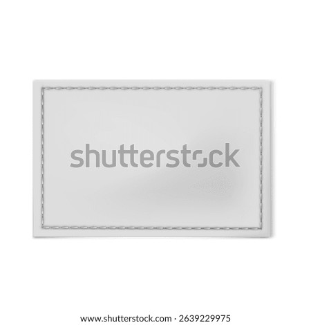 White textile rectangle sewn on label. Fabric tag for textile. Vector realistic mockup of blank cloth label with stitches, cotton badge. Woven fashion sticker for size, material, wash information