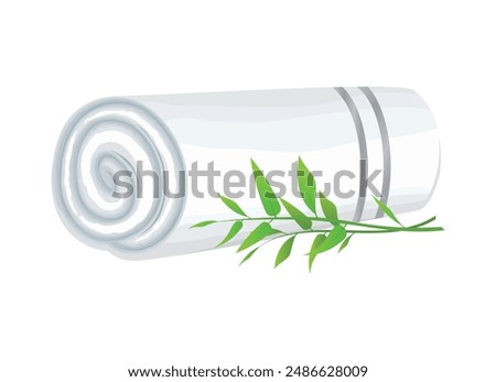 White textile rolled towel with bamboo vector illustration. Towel icon isolated on a white background. Spa and wellness accessories drawing. Soft bath towel rolled up vector illustration