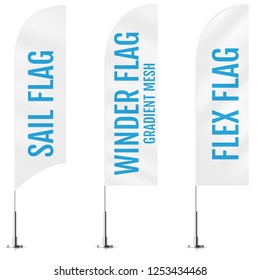 White Textile Sail, Winder And Flex Banner Flags. Banner Flag Mockups Set. Set Of Vector Advertising Mockups.