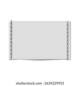 White textile sewn on label. Vector realistic fabric tag mockup. Cloth rectangle label blank with stitches, cotton badge. Woven fashion sticker for size, material, wash information