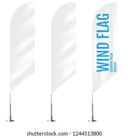 White textile wind banner flags. Banner wind flag mockups set. Set of vector advertising mockups.