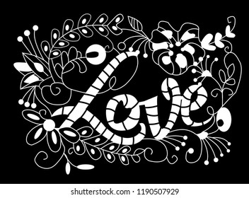 White texts with around shapes and flowers on black background. Vector illustration.