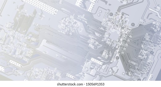 White texture background of printed circuit board. Computer technology background. Information tech. Space for text. Gray scale pcb background.