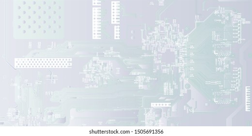 White texture background of printed circuit board. Computer technology background. Information tech. Space for text. Gray scale pcb background.