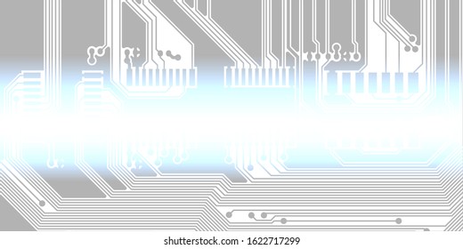 White texture background of printed circuit board. Computer technology background. Information tech. Space for text. Gray scale pcb background.