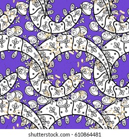 White texture curls. Brilliant lace, stylized flowers, paisley. Vector. Openwork delicate white pattern. Pattern on violet background with white elements. Oriental style arabesques.