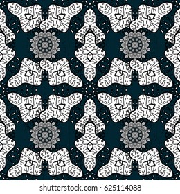 White texture curls. Openwork delicate white pattern. Brilliant lace, stylized flowers, paisley. Oriental style arabesques. Vector. Pattern on blue background with white elements.