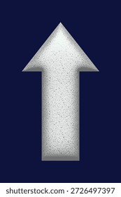 Flecha texturizada blanca que apunta hacia arriba Ilustración vectorial. Puntero poroso áspero 3D aislado sobre fondo azul. Símbolo de tendencia creciente para el crecimiento empresarial, la dirección invernal y el concepto de éxito.