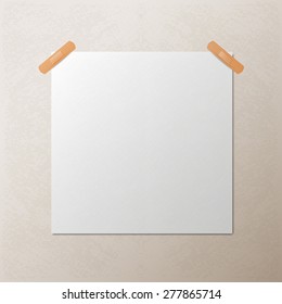 White textured blank square piece of paper taped to the wall with a piece of plaster, vector mock-up illustration