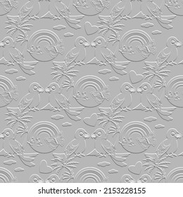 White textured cartoon 3d seamless pattern. Embossed fairy cute background. Repeat relief vector backdrop. Emboss surface 3d ornaments with parrots, love hearts, palm, clouds, rainbow, butterflies.