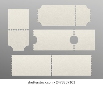 White textured coupon or ticket 3d mockup. Realistic vector illustration set of blank paper voucher template with perforated edges and tear place. Badge for concert, cinema entrance or lottery raffle.