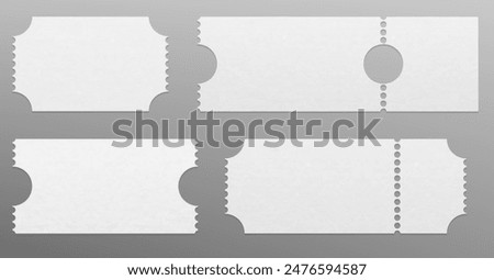White textured coupon or ticket 3d mockup. Realistic vector illustration set of blank paper voucher template with perforated edges and tear place. Badge for concert, cinema entrance or lottery raffle.