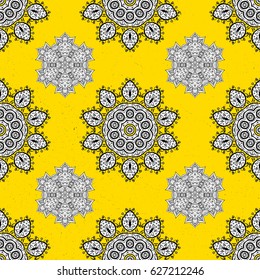 White textured curls. Vector white pattern. Pattern on yellow background with white elements. Oriental style arabesques.