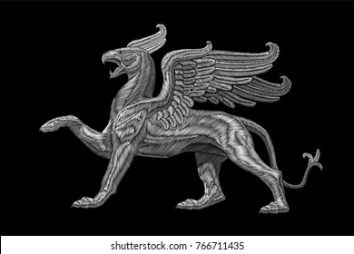 White textured embroidery griffin textile patch design. Fashion decoration ornament fabric print. Monochrome on black background legendary heraldic fairy character lion eagle vector illustration