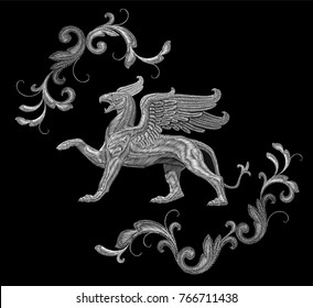 White textured embroidery griffin textile patch design. Fashion decoration ornament fabric print. Monochrome on black background legendary mythic fairy character lion eagle vector illustration