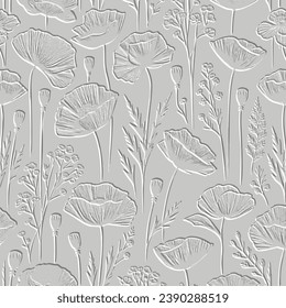 White textured floral line art emboss poppy flowers 3d seamless pattern. Relief vector embossed poppies background. Repeat backdrop. Surface flowers, leaves. 3d wildflowers beautiful grunge ornaments.