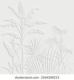 White textured floral line art emboss palm trees leaves 3d tropical pattern. Relief modern embossed background. Vector backdrop. Surface leaves, branches. 3d  leafy ornaments with embossing effect.