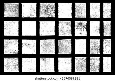 White textured old distressed surface rectangles collection. Linocut vector relief printing rough shapes textures set. Paint roller stains, text box templates. Artistic craft vintage retro backgrounds