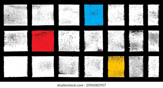 White textured old distressed surface rectangles collection. Linocut vector relief printing rough shapes textures set. Paint roller stains, text box templates. Artistic craft vintage retro backgrounds
