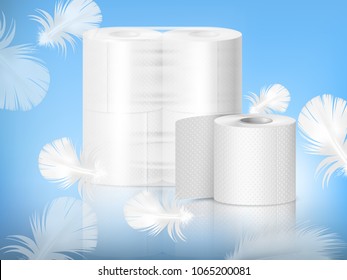 White textured toilet paper, single roll and polythene packaging, realistic composition, blue background with feathers vector illustration