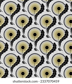 WHITE TEXTURED VECTOR SEAMLESS BACKGROUND WITH YELLOW BLOOMING DANDELIONS IN ART NOUVEAU STYLE