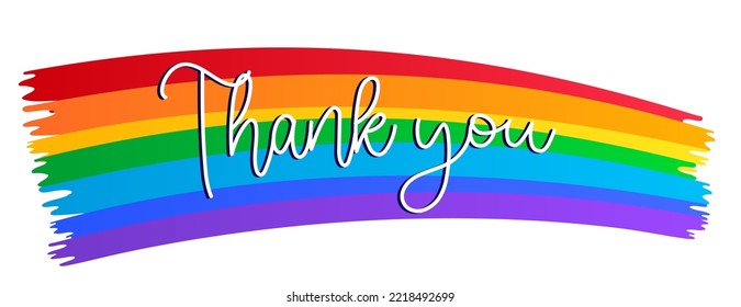 White Thank You cursive word with shadow on a rainbow brush background. Pride LGBT colors.