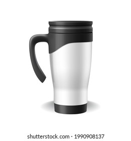 White thermo cup realistic mockup for company identity. 3d travel mug and thermos for hot drinks on white background. Vector illustration