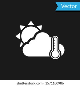 White Thermometer and cloud with sun icon isolated on black background.  Vector Illustration