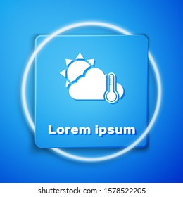 White Thermometer and cloud with sun icon isolated on blue background. Blue square button. Vector Illustration