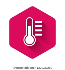 White Thermometer icon isolated with long shadow. Pink hexagon button. Vector Illustration