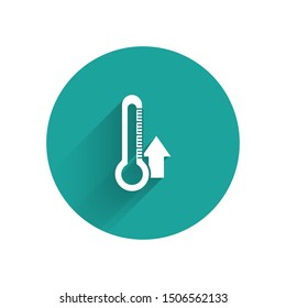 White Thermometer icon isolated with long shadow. Green circle button. Vector Illustration