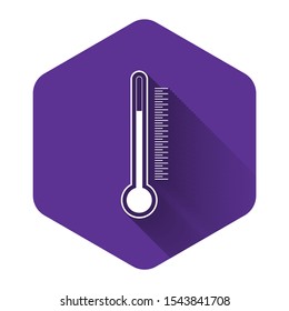 White Thermometer icon isolated with long shadow. Purple hexagon button. Vector Illustration