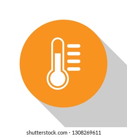 White Thermometer icon isolated on white background. Orange circle button. Flat design. Vector Illustration
