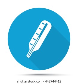 White Thermometer icon on blue button isolated on white