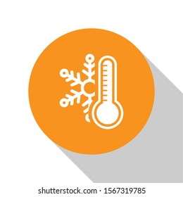 White Thermometer with snowflake icon isolated on white background. Orange circle button. Vector Illustration