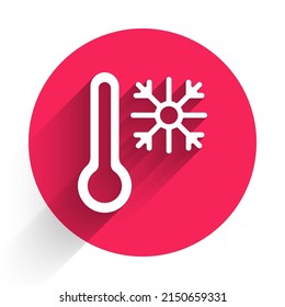 Termómetro blanco con icono de copo de nieve aislado con sombra larga. Botón de círculo rojo. Vector