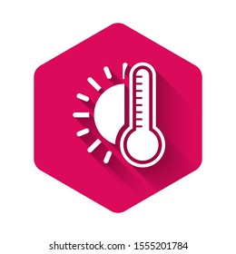 White Thermometer with sun icon isolated with long shadow. Pink hexagon button. Vector Illustration
