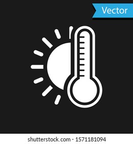 White Thermometer with sun icon isolated on black background.  Vector Illustration